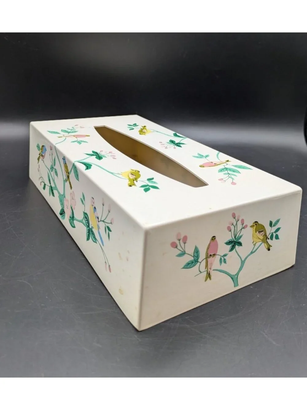 Vintage Tissue Box Cover Birds Flower Branches Floral Hard Plastic Rectangular
